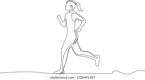 Un elegante y continuo dibujo de líneas retrata a una mujer en movimiento, transmitiendo la esencia del running.