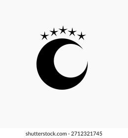 Elegante luna creciente y diseño de logotipo gráfico de cinco estrellas para una identidad de marca moderna