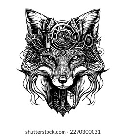 sleek and cunning fox logo designed in a Steampunk aesthetic, featuring gears and metallic accents that convey a sense of innovation and sophistication