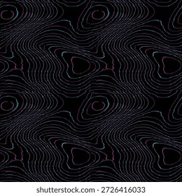 Un elegante patrón inspirado en el cyberpunk de líneas topográficas de neón que fluyen a través de un profundo vacío negro.