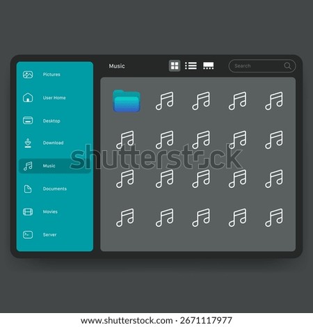 A sleek dark mode file manager interface displaying an organized music folder with song files