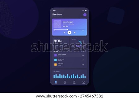 A sleek dark mode music player interface on a smartphone screen showing audio playback, listening time data, genre charts, and a list of upcoming tracks with an equalizer.
