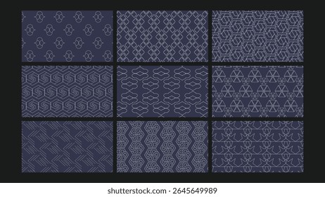 Elegantes linhas geométricas da marinha escura e formas que formam projetos estruturados sem costura, ideais para marcas de luxo, embalagem ou layout editorial.