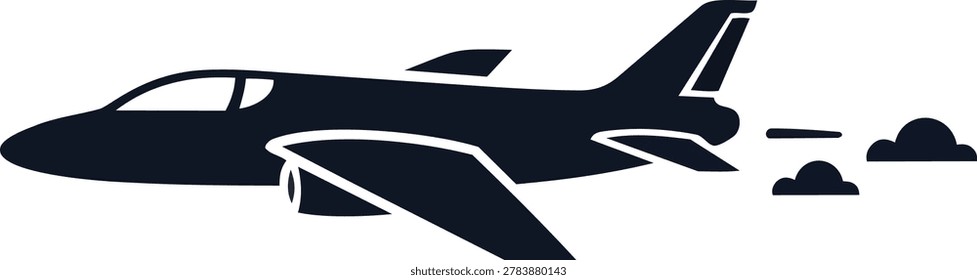 A sleek, dark silhouette of a jet plane soaring through the sky, leaving behind a trail of smoke.