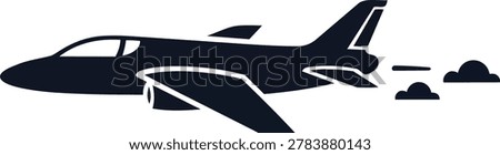 A sleek, dark silhouette of a jet plane soaring through the sky, leaving behind a trail of smoke.