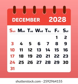 Sleek December 2028 calendar with an elegant design. Ideal for planning holidays, managing schedules, and organizing year-end activities