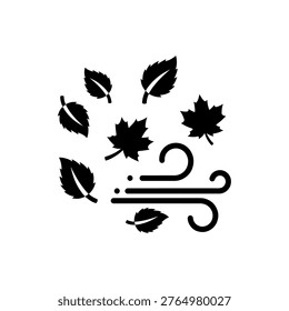 A sleek depiction of falling leaves and wind, utilizing a distinct black silhouette style.