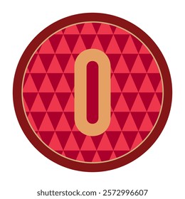 A sleek design of the number zero in a red background adorned with geometric triangular patterns and highlighted by a double golden circle.