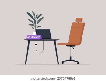 A sleek desk with a prominent no vacancy sign sits under soft lighting, accompanied by a stylish chair and a potted plant, creating an inviting yet exclusive workspace environment