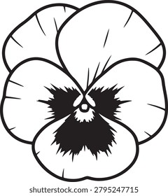 A sleek, detailed black and white vector illustration of a pansy flower with intricate petal lines and shading.