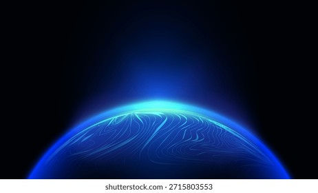 Uma ilustração digital elegante apresenta um planeta azul brilhante com padrões de linha topográfica emergindo de um vazio escuro para tecnologia ciência futurista e espaço estética