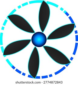 A sleek digital illustration featuring a central glowing blue sphere surrounded by six dark metallic blades forming an aperture mechanism. The design is enclosed by a cyan dashed circular border, creating a high-tech robotic iris or futuristic camera lens look. This minimalist concept art symbolizes vision, technology, and artificial intelligence.