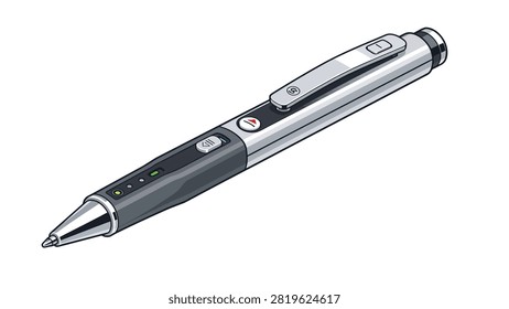 A sleek digital pen with a metallic silver body and black grip features multiple buttons and illuminated green status lights. The pen is shown at an angled perspective against a transparent background.