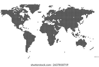 A sleek, dotted in squire shape world map vector with accurate geographic elements. Suitable for presentations, print, digital use. Realistic dotted squire shape world map feathering country boundary