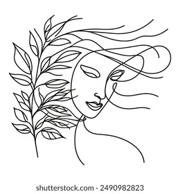 A sleek drawing merges a gentle face with rustling leaves, embodying the connection between woman and nature.