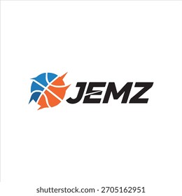 Ein schlankes und dynamisches Basketball-Logo-Design mit dem Namen "JEMZ" in fett, stilisierte Typografie. Das Logo besteht aus einem kreativen Basketball-Symbol, das in blaue und orangefarbene Segmente unterteilt ist und eine