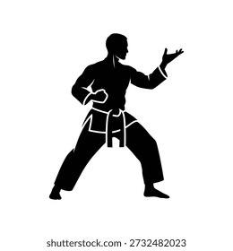 Ilustração vetorial elegante e dinâmica de um mestre de caratê em uma postura de luta, mostrando a arte das artes marciais com precisão e estilo.