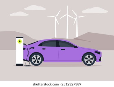 A sleek electric sedan is charging at a station in a tranquil setting, surrounded by wind turbines and distant mountains under a clear sky