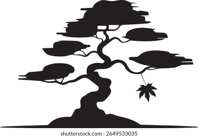 A sleek and elegant bonsai tree silhouette gently swaying in the wind, presented in black vector style on a clean white background. This minimal design captures tranquility and nature’s grace.