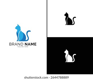 Sleek and Elegant Cat Logo Design Set Featuring Three Bold Color Variations, Ideal for Luxury Brand Identity, Boutique Labels, and Minimalist Company Logos in Blue and Black.

