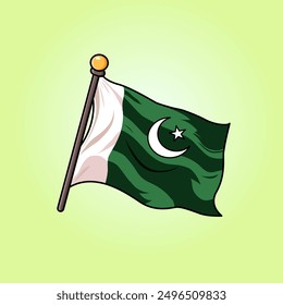 Sleek Elegant Wavy Pakistan Flag With Crescent And Star On Soft Green Background Vector Illustration