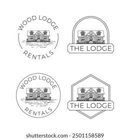 A sleek emblem logo illustration for Wood Lodge featuring minimalist lines, capturing the rustic charm and elegance of a modern retreat in the woods.