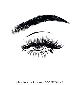Sleek fashion illustration of the eye with luxe makeup and natural eyebrow. Hand drawn vector idea for business visit cards, templates, web, salon banners,brochures. Microblading visit card
