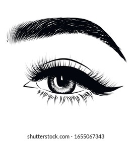 Sleek fashion illustration of the eye with luxe makeup and natural eyebrow. Hand drawn vector idea for business visit cards, templates, web, salon banners,brochures. Microblading visit card