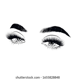 Sleek fashion illustration of the eye with luxe makeup and natural eyebrow. Hand drawn vector idea for business visit cards, templates, web, salon banners,brochures. Microblading visit card