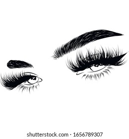 Sleek fashion illustration of the eye with luxe makeup and natural eyebrow. Hand drawn vector idea for business visit cards, templates, web, salon banners,brochures. Microblading visit card