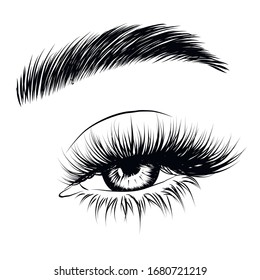 Sleek fashion illustration of the eye with luxe makeup and natural eyebrow. Hand drawn vector idea for business visit cards, templates, web, salon banners,brochures. Microblading visit card