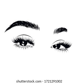 Sleek fashion illustration of the eye with luxe makeup and natural eyebrow. Hand drawn vector idea for business visit cards, templates, web, salon banners, brochures. Microblading visit card