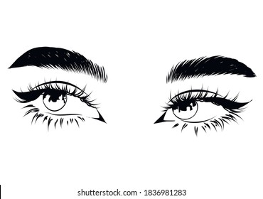 Sleek fashion illustration of the eye with luxe makeup and natural eyebrow. Hand drawn vector idea for business visit cards, templates, web, salon banners,brochures. Microblading visit card