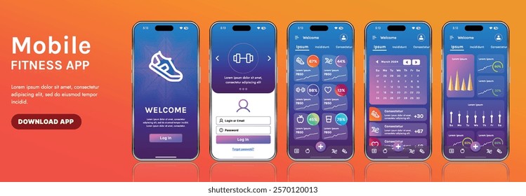A sleek fitness app interface template featuring responsive design elements, including dashboards, charts, and statistics. Perfect for tracking health, weekly progress, and sports activities