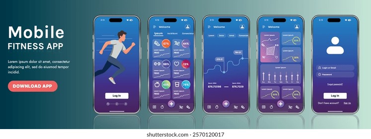 A sleek fitness app interface template featuring responsive design elements, including dashboards, charts, and statistics. Perfect for tracking health, weekly progress, and sports activities