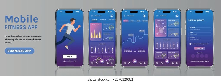 A sleek fitness app interface template featuring responsive design elements, including dashboards, charts, and statistics. Perfect for tracking health, weekly progress, and sports activities