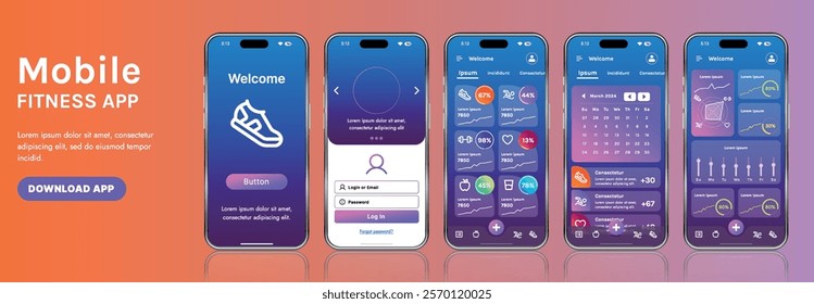 A sleek fitness app interface template featuring responsive design elements, including dashboards, charts, and statistics. Perfect for tracking health, weekly progress, and sports activities