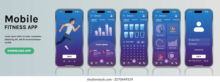 A sleek fitness app interface template featuring responsive design elements, including dashboards, charts, and statistics. Perfect for tracking health, weekly progress, and sports activities