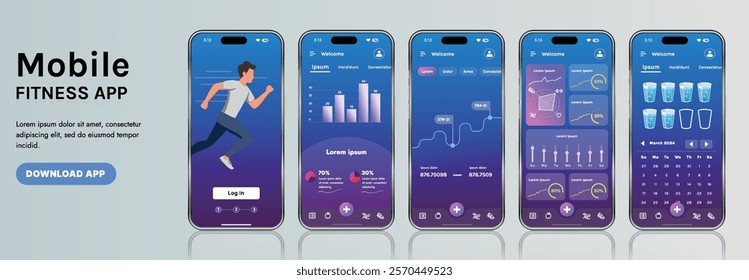 A sleek fitness app interface template featuring responsive design elements, including dashboards, charts, and statistics. Perfect for tracking health, weekly progress, and sports activities