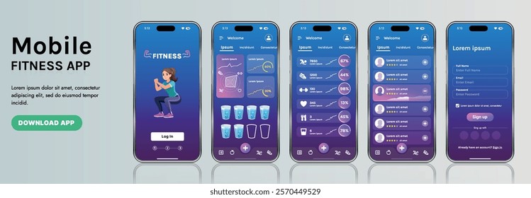 A sleek fitness app interface template featuring responsive design elements, including dashboards, charts, and statistics. Perfect for tracking health, weekly progress, and sports activities