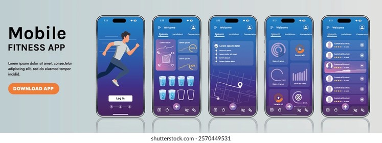A sleek fitness app interface template featuring responsive design elements, including dashboards, charts, and statistics. Perfect for tracking health, weekly progress, and sports activities