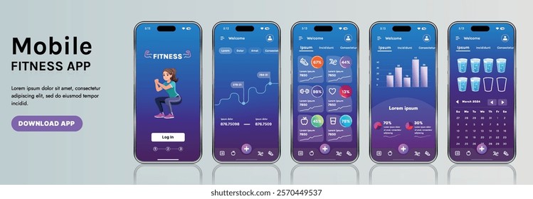 A sleek fitness app interface template featuring responsive design elements, including dashboards, charts, and statistics. Perfect for tracking health, weekly progress, and sports activities