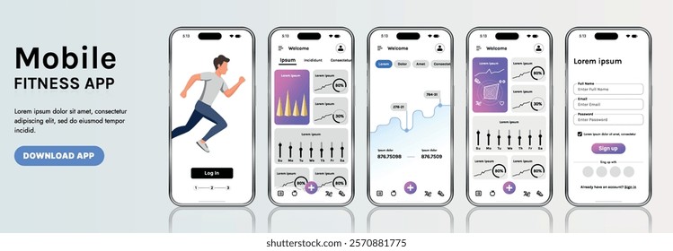 A sleek fitness app interface template featuring responsive design elements, including dashboards, charts, and statistics. Perfect for tracking health, weekly progress, and sports activities