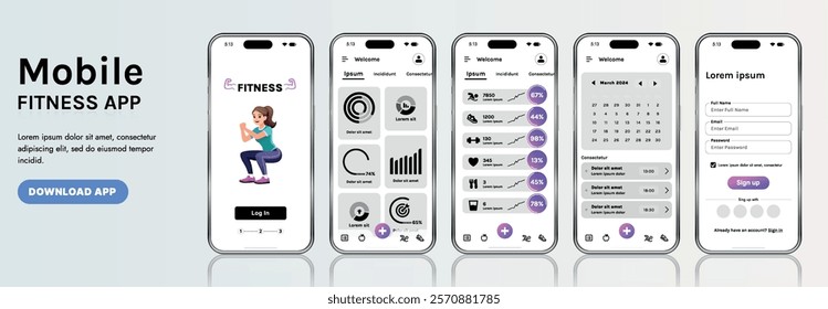 A sleek fitness app interface template featuring responsive design elements, including dashboards, charts, and statistics. Perfect for tracking health, weekly progress, and sports activities