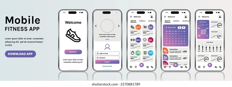 A sleek fitness app interface template featuring responsive design elements, including dashboards, charts, and statistics. Perfect for tracking health, weekly progress, and sports activities