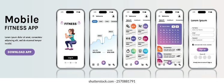 A sleek fitness app interface template featuring responsive design elements, including dashboards, charts, and statistics. Perfect for tracking health, weekly progress, and sports activities