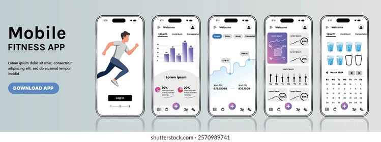A sleek fitness app interface template featuring responsive design elements, including dashboards, charts, and statistics. Perfect for tracking health, weekly progress, and sports activities