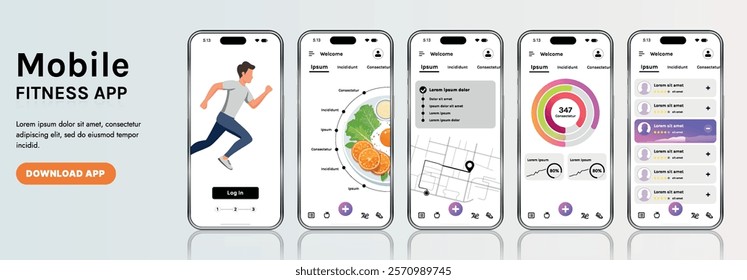 A sleek fitness app interface template featuring responsive design elements, including dashboards, charts, and statistics. Perfect for tracking health, weekly progress, and sports activities