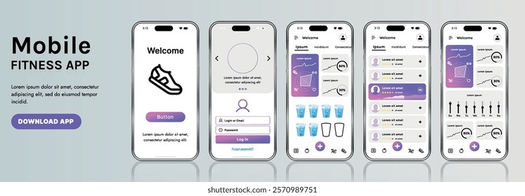 A sleek fitness app interface template featuring responsive design elements, including dashboards, charts, and statistics. Perfect for tracking health, weekly progress, and sports activities