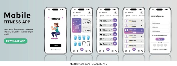 A sleek fitness app interface template featuring responsive design elements, including dashboards, charts, and statistics. Perfect for tracking health, weekly progress, and sports activities